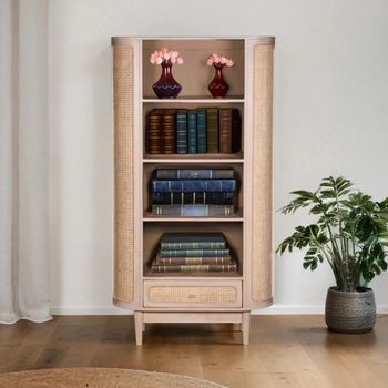 Valencia Natural Rattan and Mango Wood 1 Drawer Curved Bookcase