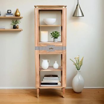 Wilton Gold Trim Acacia Wood 1 Drawer Slim Open Ribbed Bookcase