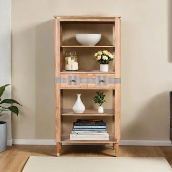 Wilton Gold Trim Acacia Wood 2 Drawer Large Open Ribbed Bookcase