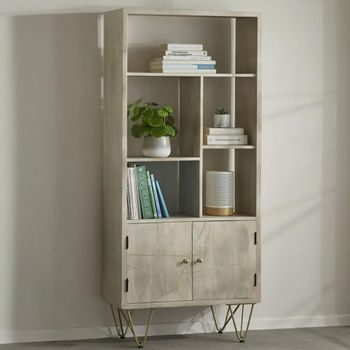 Gold Geometric Inlay Light Mango Wood 2 Door Bookcase with Cupboard with Hairpin Legs