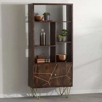Gold Geometric Inlay Dark Mango Wood Bookcase with Cupboard with Hairpin Legs