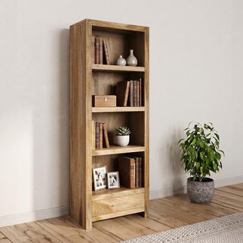 Cube Natural Mango Wood 1 Drawer Narrow Bookcase