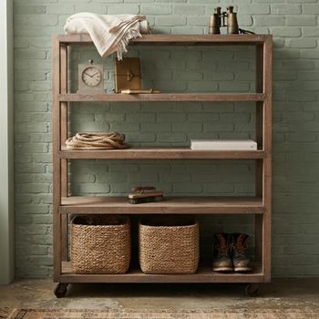 Bassano Low Shelving Unit on Wheels Natural Recycled Wood and Metal