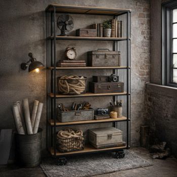 Industrial Tall Shelving Unit on Wheels Black Wood and Metal