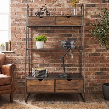 Fir Wood and Metal 4 Drawer Shelving Unit