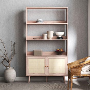 Clearance - Ferrero Natural and Woven Rattan Open Shelving Unit with 2 Door Cupboard