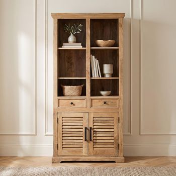 Jaylene Mango Wood 2 Door 2 Drawer Louvered Bookcase with Cupboard