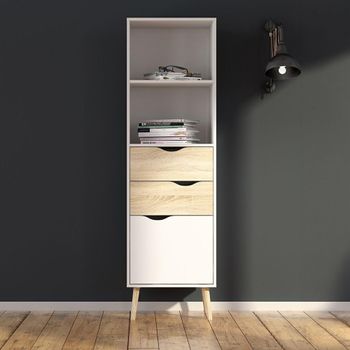 Oslo White and Oak 1 Door 2 Drawer Narrow Bookcase