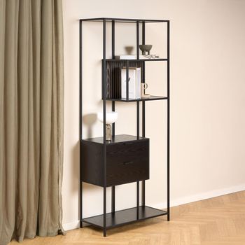 Seaford 2 Drawer Tall Shelving Unit Black Melamine and Metal