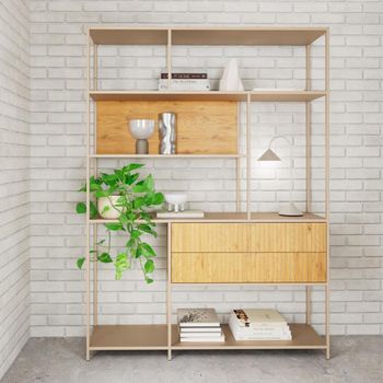 Seaford Oak and Grey Metal 2 Drawer Wide Fluted Bookcase