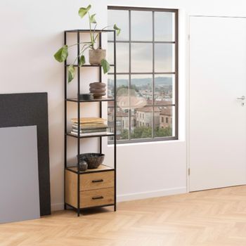 Seaford Oak and Black Metal 2 Drawer Tall Bookcase