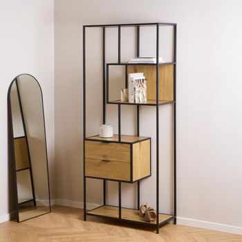 Seaford Oak and Black Metal 2 Drawer Tall Shelving Unit