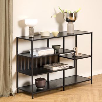 Seaford Low Shelving Unit Slatted Black Melamine and Metal