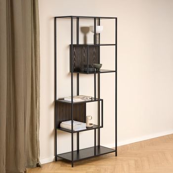 Seaford Tall Shelving Unit Slatted Black Melamine and Metal