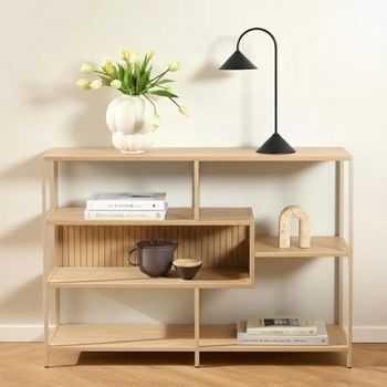Seaford Low Shelving Unit Slatted Oak and Grey Metal