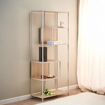 Seaford Tall Shelving Unit Slatted Oak and Grey Metal