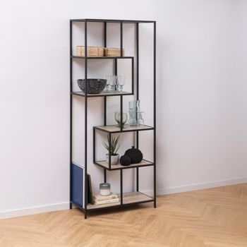 Seaford Sonoma Oak and Black Metal Tall Open Bookshelf