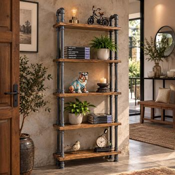Black Metal Pipe Shelving Unit with 5 Wooden Shelves