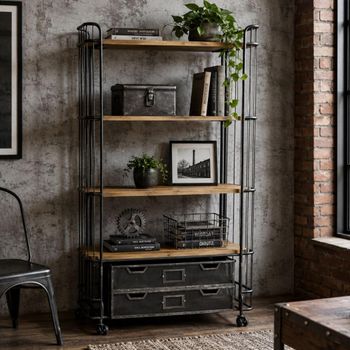 Wood and Metal 2 Drawer Tall Shelving Unit