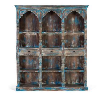 Sondrio Antique Blue Carved Mango Wood 3 Drawer Large Shelving Unit