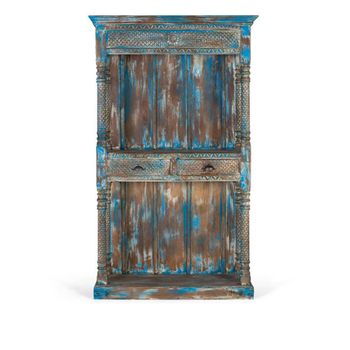 Sondrio 2 Drawer Shelving Unit Antique Blue Carved Mango Wood