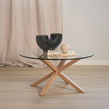 Heaven Glass and Oak Round Coffee Table with Star Legs