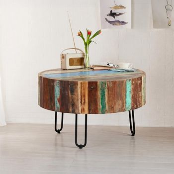 Coastal Reclaimed Wood Round Coffee Table with Hairpin Legs