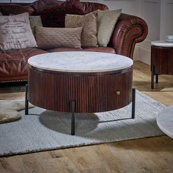 Opal Fluted White Marble Top Mango Wood 1 Drawer Round Coffee Table