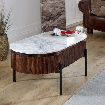Opal Fluted White Marble Top Mango Wood 2 Drawer Oval Coffee Table