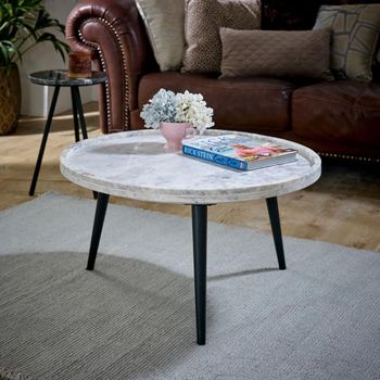 Opal Fluted White Marble Top Mango Wood Small Round Coffee Table