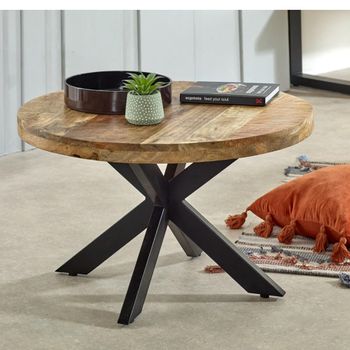 Surrey Solid Mango Wood Round Coffee Table with Black Star Leg