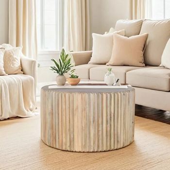 Hudson Ribbed Carved Mango Wood Round Coffee Table