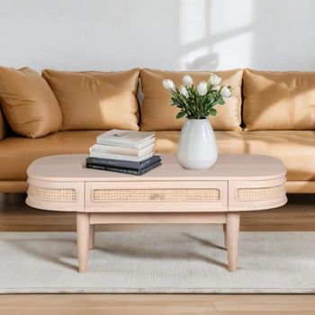 Valencia Curved Natural Rattan and Mango Wood 1 Drawer Coffee Table