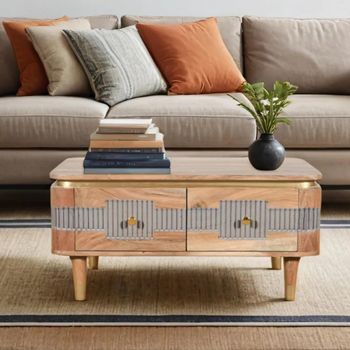 Wilton Ribbed Gold Trim Acacia Wood 2 Drawer Coffee Table