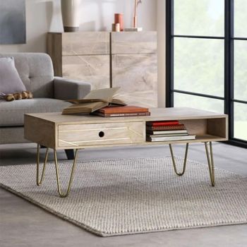Gold Geometric Inlay Light Mango Wood 1 Drawer Coffee Table with Hairpin Legs