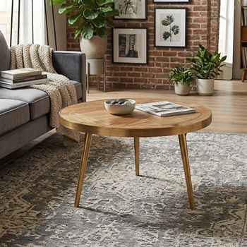 Gold Geometric Inlay Light Mango Wood Round Coffee Table