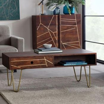 Gold Geometric Inlay Dark Mango Wood 2 Drawer Coffee Table with Hairpin Legs