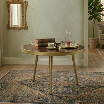 Gold Geometric Inlay Dark Mango Wood Round Coffee Table
