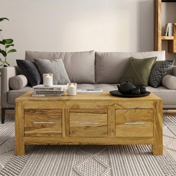 Cube Light Mango Wood Storage 3 Drawer Coffee Table