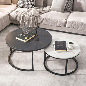 Set of 2 Ferrante Coffee Tables Round White and Black Sintered Stone