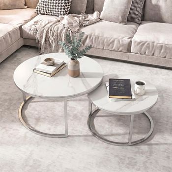 Set of 2 Hanson Coffee Tables Round Italy White Sintered Stone and Chrome