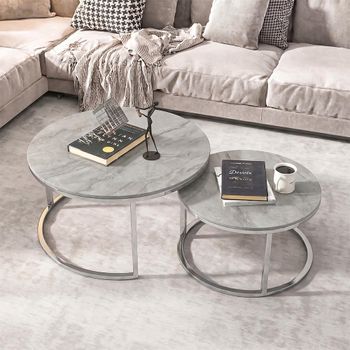 Set of 2 Hanson Coffee Tables Round Sintered Stone and Chrome