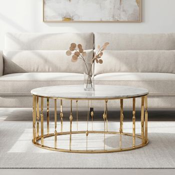 Arezzo White Glass and Gold Metal Oval Coffee Table