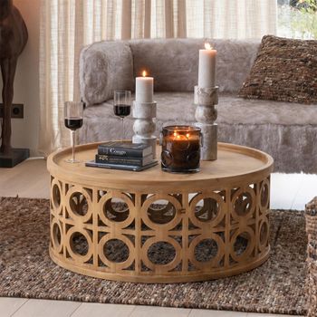 Carving Natural Fir Wood Round Coffee Table