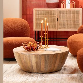 Camille Drum Base Natural Mango Wood Round Coffee Table