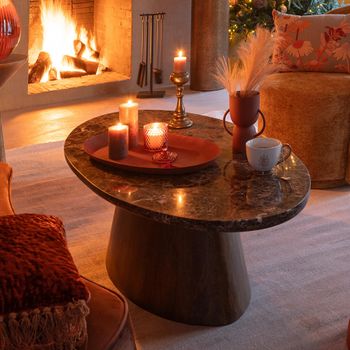 Brown Marble and Mango Wood Large Oval Coffee Table