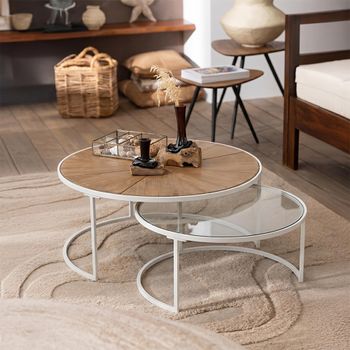 Relax Natural and White Metal Glass and Wood 2 Tier Round Coffee Table