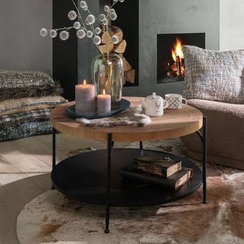 Voni Natural and Black Wood and Metal Coffee Round Table