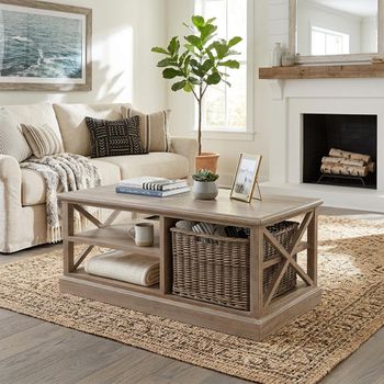 Grey Wood Large Storage Coffee Table with 1 Rattan Basket