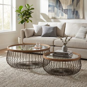 Set of 2 Cage Base Black Glass and Metal Round Coffee Table